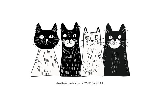 Sketch-style black and white cats in cartoon style, doodle style, hand-drawn, on a white background