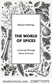 Sketch-style book cover design. Hand-drawn spices vector illustration. Basil, galangal, cumin, cilantro, turmeric, lemongrass, lime sketches. Herbs background. NOT AI generated