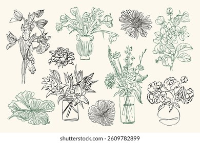 A sketch-style collection of vector flower and leaf illustrations.