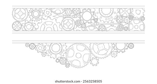 Sketch-style doodle frame with colorful hand-drawn gears and cogwheels, embodying a concept of teamwork, business ideas, and progress.