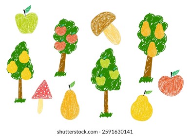 Sketch-style fruit trees with apples, pears, and mushrooms in a whimsical cartoon design on a white background.