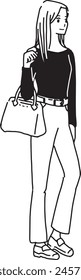 Sketch-style monochrome line drawing illustration of a young woman walking