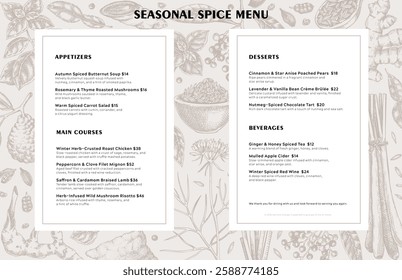 Sketch-style restaurant menu design. Hand-drawn spices vector illustration. Basil, galangal, cumin, cilantro, turmeric, lemongrass, lime sketches. Herbs background. NOT AI generated