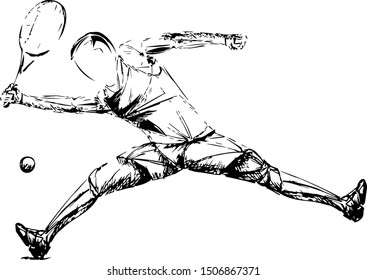 Sketch-style vector illustration of a tennis player performing a wide lunge to hit the ball with a racket. Dynamic posture emphasizes athleticism, energy, and motion.