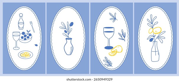 "SketchWineglass". Vintage elemento de vida da atmosfera mediterrânica. Cartão de agência de viagens desenhado à mão, Convite, Projeto de impressão de cartaz. Sucursal de bebidas, vinho e azeitona