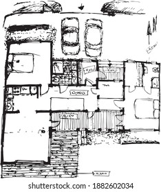 sketchy 2d floor plan of a residential house. one-story country house. interior design draft  