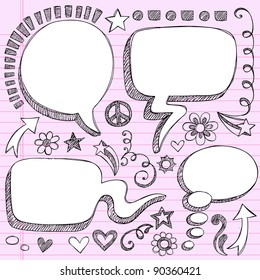 Sketchy 3-D Shaped Comic Book Style Speech and Thought Bubbles- Hand Drawn Notebook Doodles on Pink Lined Paper Background- Vector Illustration