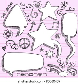 Sketchy 3-D Shaped Comic Book Style Speech Bubbles- Hand Drawn Notebook Doodles on Pink Lined Paper Background- Vector Illustration