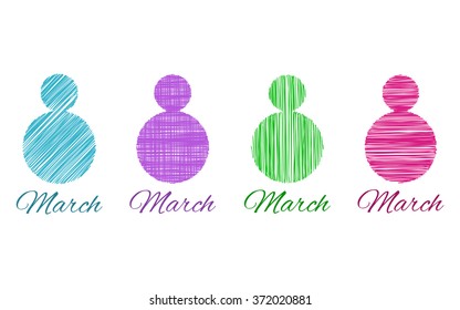Sketchy 8 with word march in different colors on white background. Elements of design for greeting postcards.
