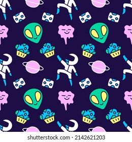 Sketchy alien, astronaut, and planet on dark background seamless pattern. Modern vintage, pop art style seamless pattern concept.