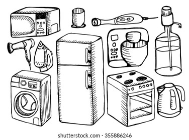 Sketchy appliance set on white background. Free hand drawn. Vector illustration.