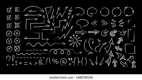 Sketchy arrow chalk style set vector illustration. Group of chalked arrows and checkboxes, chalk marker style symbols for hand drawn diagrams, mind maps and communication highlight drawings