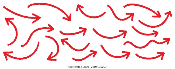 Sketchy arrow with pen, crayon, and chalk effects. Hand drawn style with brush and pencil strokes. Bold arrows, graphic set of isolated elements from brush strokes. Red doodle arrow vector set.