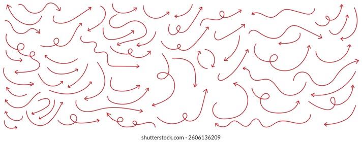 Sketchy arrow with pen, crayon, and chalk effects. Hand drawn style with brush and pencil strokes. Bold arrows, graphic set of isolated elements from brush strokes. Red doodle arrow vector set.