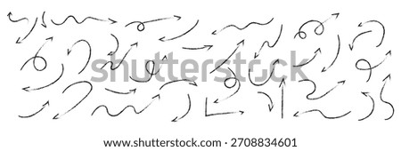 Sketchy arrow with pen, crayon, and chalk effects. Hand drawn style with brush and pencil strokes. Flat vector illustration isolated on white background.