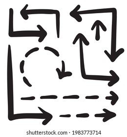 Sketchy arrow set. Doodle arrows, hand drawn direction marks, arrow sketch collection, sketchy pointers, scribble cursors vector illustration