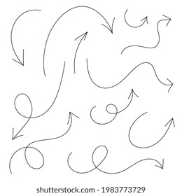 Conjunto de flecha esquemático. Flechas de dibujo, marcas de dirección dibujadas a mano, colección de esbozos de flecha, punteros esbozados, ilustración vectorial de cursores de garrapatas