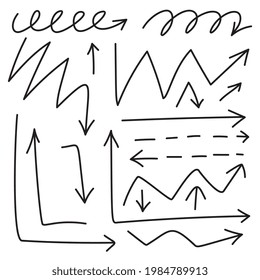 Conjunto de flecha esquemático. Flechas de dibujo, marcas de dirección dibujadas a mano, colección de esbozos de flecha, punteros esbozados, ilustración vectorial de cursores de garrapatas