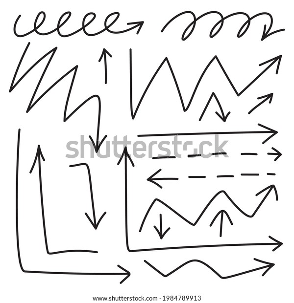 Sketchy arrow set. Doodle arrows, hand drawn\
direction marks, arrow sketch collection, sketchy pointers,\
scribble cursors vector\
illustration