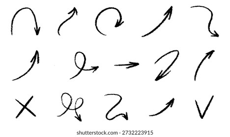 Flecha incompleta con efectos de lápiz, crayón y tiza. Estilo dibujado a mano con pincel y trazos de lápiz. Ilustración vectorial plana aislada en blanco. Textura rugosa afligida para el diseño creativo.