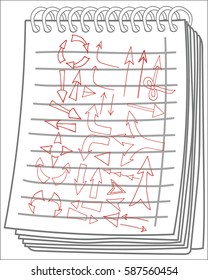 Sketchy arrows on notebook background. Freehand drawn. Vector illustration.