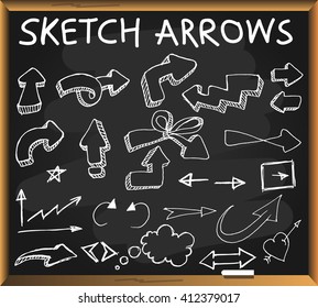Sketchy arrows set on blackboard background. Vector illustration.