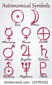 Sketchy astronomical symbols drawn with red ink on a sheet of notebook paper