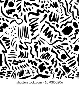 Sketchy background with brush stroke lines, waves and dots. Hand drawn vector seamless pattern. Doodle and freehand ink drawing. Black and white modern graphic texture. Charcoal and ink drawing