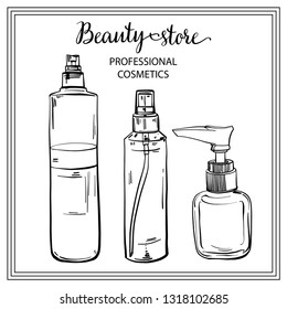 Sketchy background of cosmetics for a beauty salon. Template on the board with elements of body care products and face and hair and makeup - shampoo, cream, 