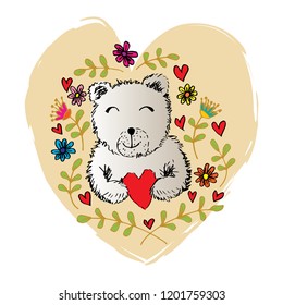 Sketchy of bear holding heart shape with spring and summer flowers.