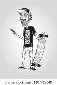 sketchy bearded skater with longboard who is looking for the way on his phone