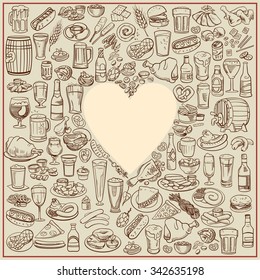 sketchy beer and snacks, hand drawn vector background