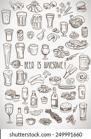 sketchy beer and snacks, vector hand-drawn illustration