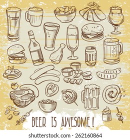 sketchy beer and snacks, vector hand-drawn illustration