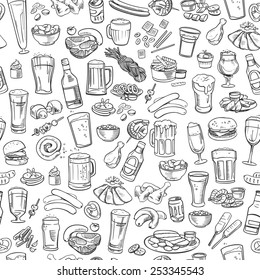 sketchy beer and snacks, vector seamless background