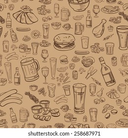 sketchy beer and snacks, vector seamless background