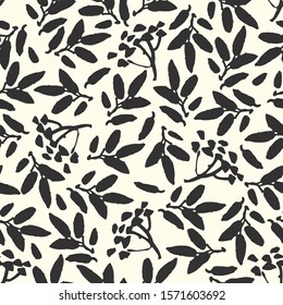 Sketchy black leaves and berries scattered on white background. Simple vector pattern with foliage and berry.