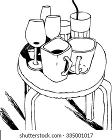 Sketchy black and white illustration of drinks. Vector beverages set. Still life with a lot of glasses, cups, mugs on round table drawing in doodle style.