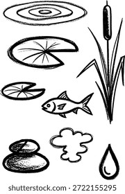 Iconos vectoriales en blanco y negro de Elementos naturales y acuáticos, incluidos peces, ondas de agua, cattails, lirios y piedras de río, arte minimalista doodle