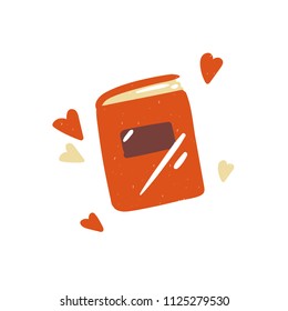 Sketchy book, notebook or diary. Colorful doodle school illustration with textbook and hearts in cute flat style. Vector symbol of reading and learning.
