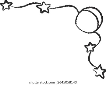 Uma borda esboçada com estrelas e uma lua crescente em um estilo desenhado à mão. Linhas curvas conectam formas celestes de uma maneira artística. Ilustração de vetor de desenhos animados.