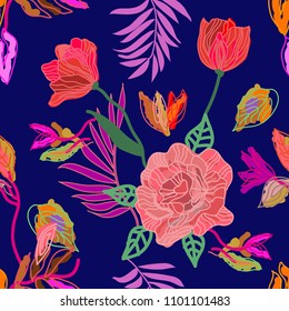 Sketchy botanical print with tulips and roses. Seamless floral pattern with digital art elements. Palm leaves and exotic flowers.  Colorful on blue background.