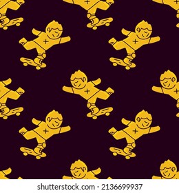 Sketchy Boy riding skateboard on black background seamless pattern. Modern vintage, pop art style seamless pattern concept.