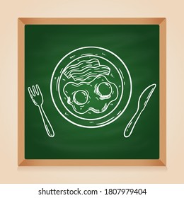 sketchy breakfast with fried egg and bacon on chalkboard background