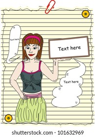 sketchy bubble speech and cute girl with on paper