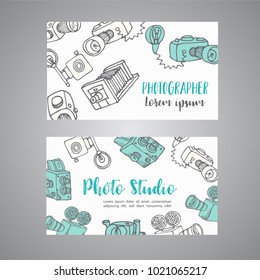 Sketchy Bussines Card For Photographer. Hand Drawn Doodle Cartoon Retro Photo Cameras, Vector Illustration