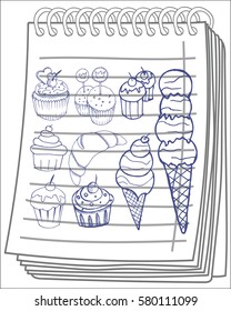 Sketchy cakes set on notebook background. Hand drawn. Vector illustration.