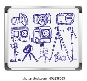 Sketchy cameras on flip chart background. Hand drawn. Vector illustration.