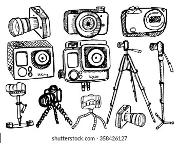 Sketchy cameras on white background. Hand drawn. Vector illustration.