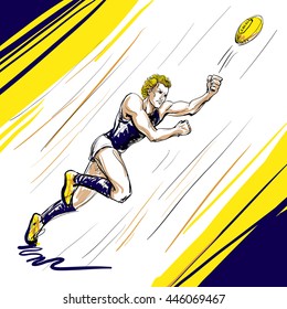 Sketchy Cartoon Comics Style Illustration Of Australian Rules Football Player. Hand Drawn Sporty Man Playing Aussie Rules